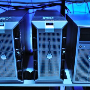 Close-up view of modern rack-mounted server units in a data center.